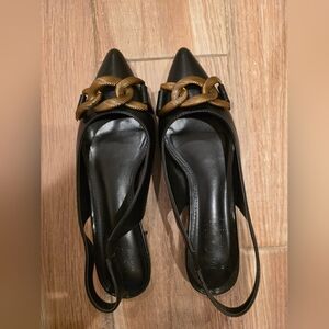 MOTF Black Slingback Heels with Gold Chain